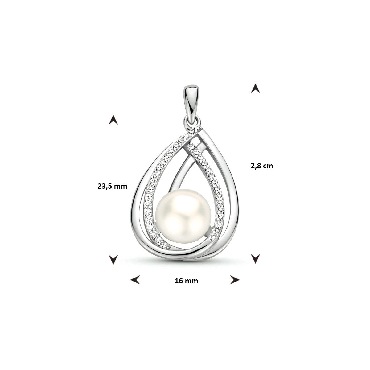 Zilveren druppel parel hanger met zirkonia's - 28 x 16 mm