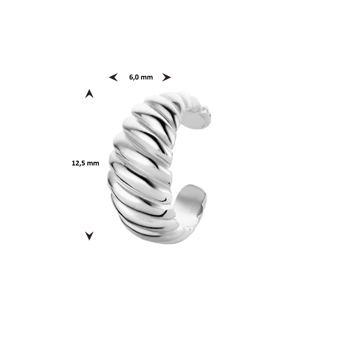 Zilveren earcuff 6 mm breed gedraaid - Diameter 12.5 mm 