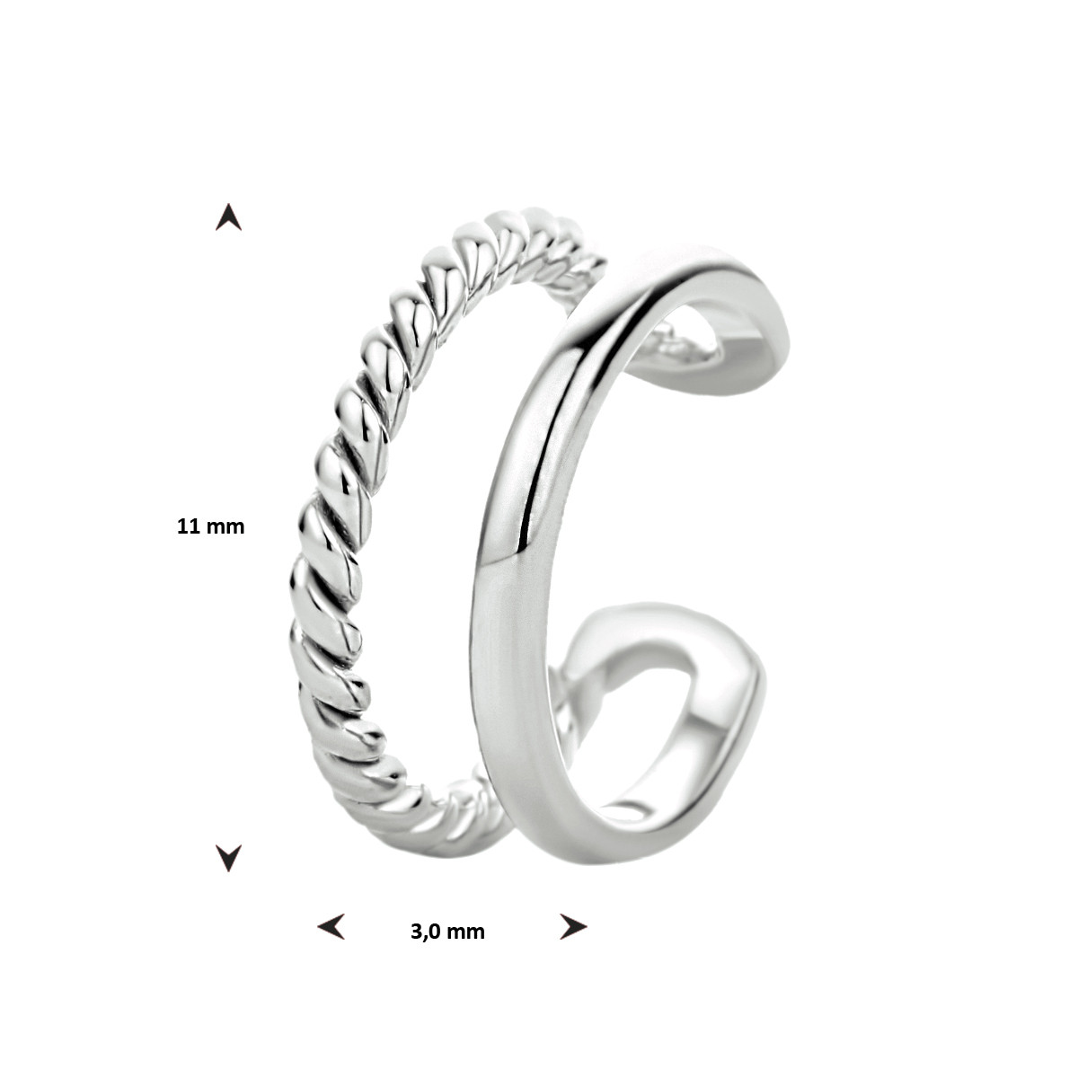 Zilveren earcuff met twee ringetjes glad en bewerkt - Diameter 11 mm - per stuk