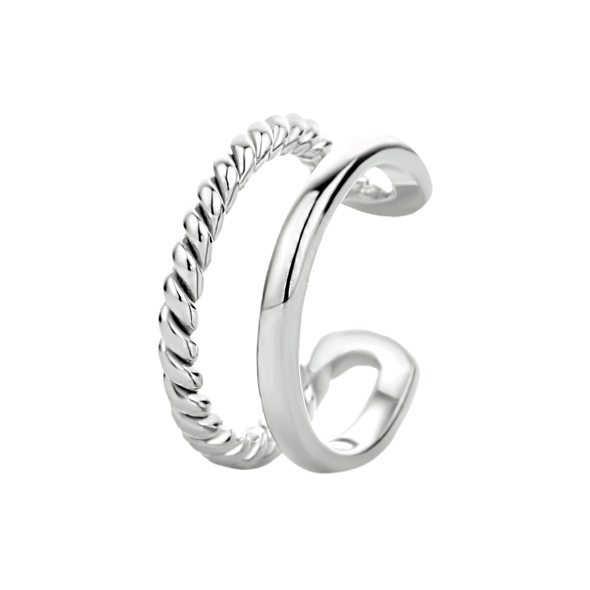 Zilveren earcuff met twee ringetjes glad en bewerkt - Diameter 11 mm - per stuk