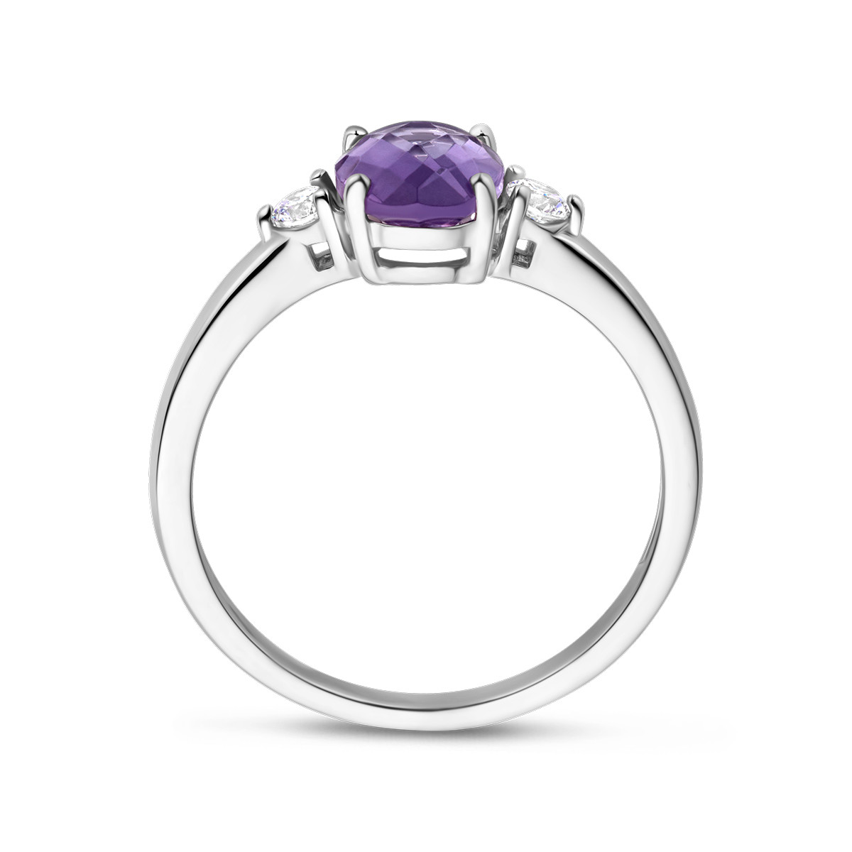 Zilveren edelsteen ring met ovale amethist en zirkonia's