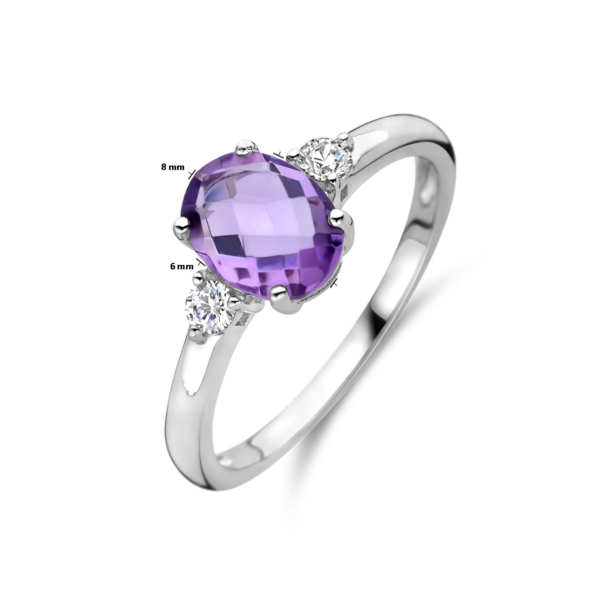 Zilveren edelsteen ring met ovale amethist en zirkonia's