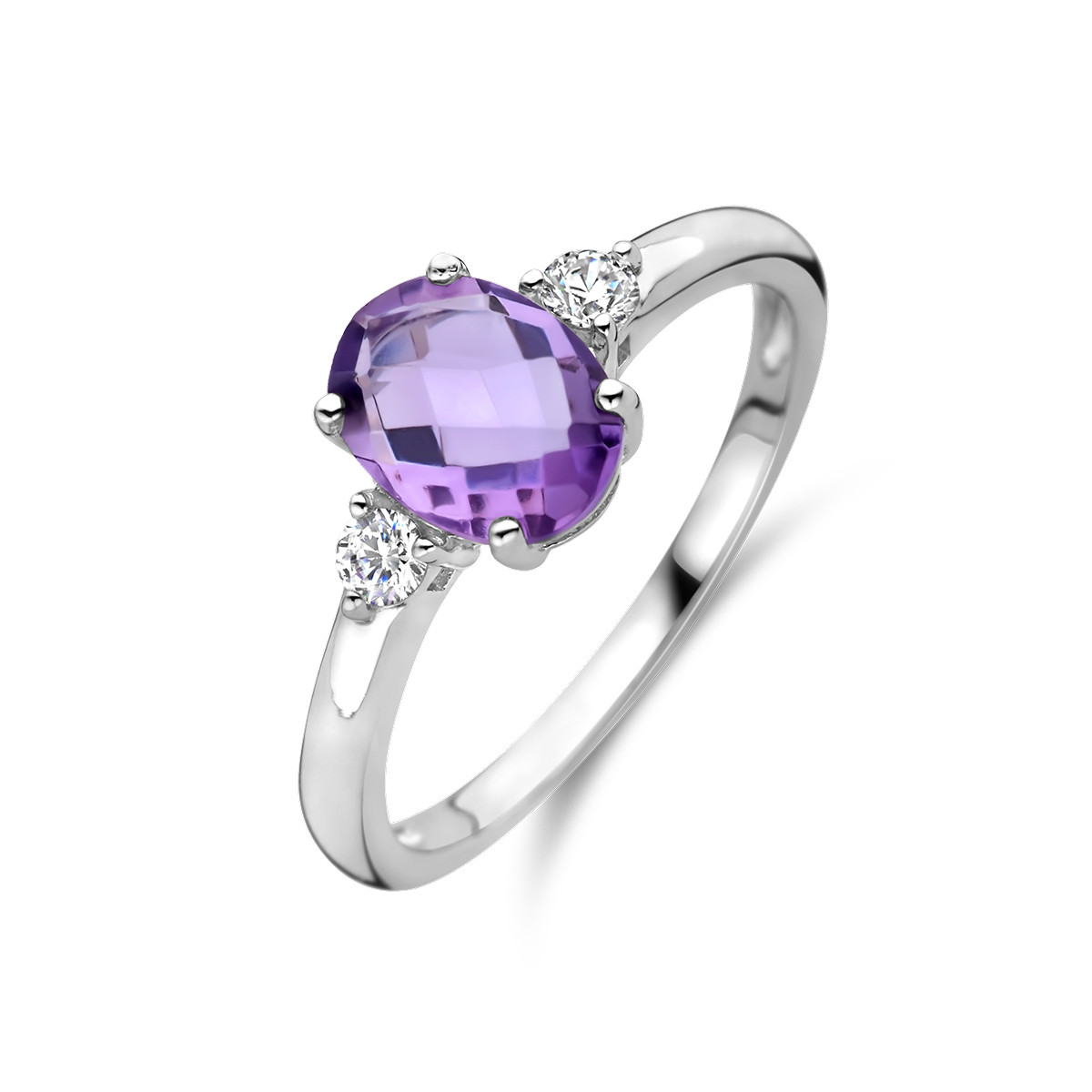 Zilveren edelsteen ring met ovale amethist en zirkonia's