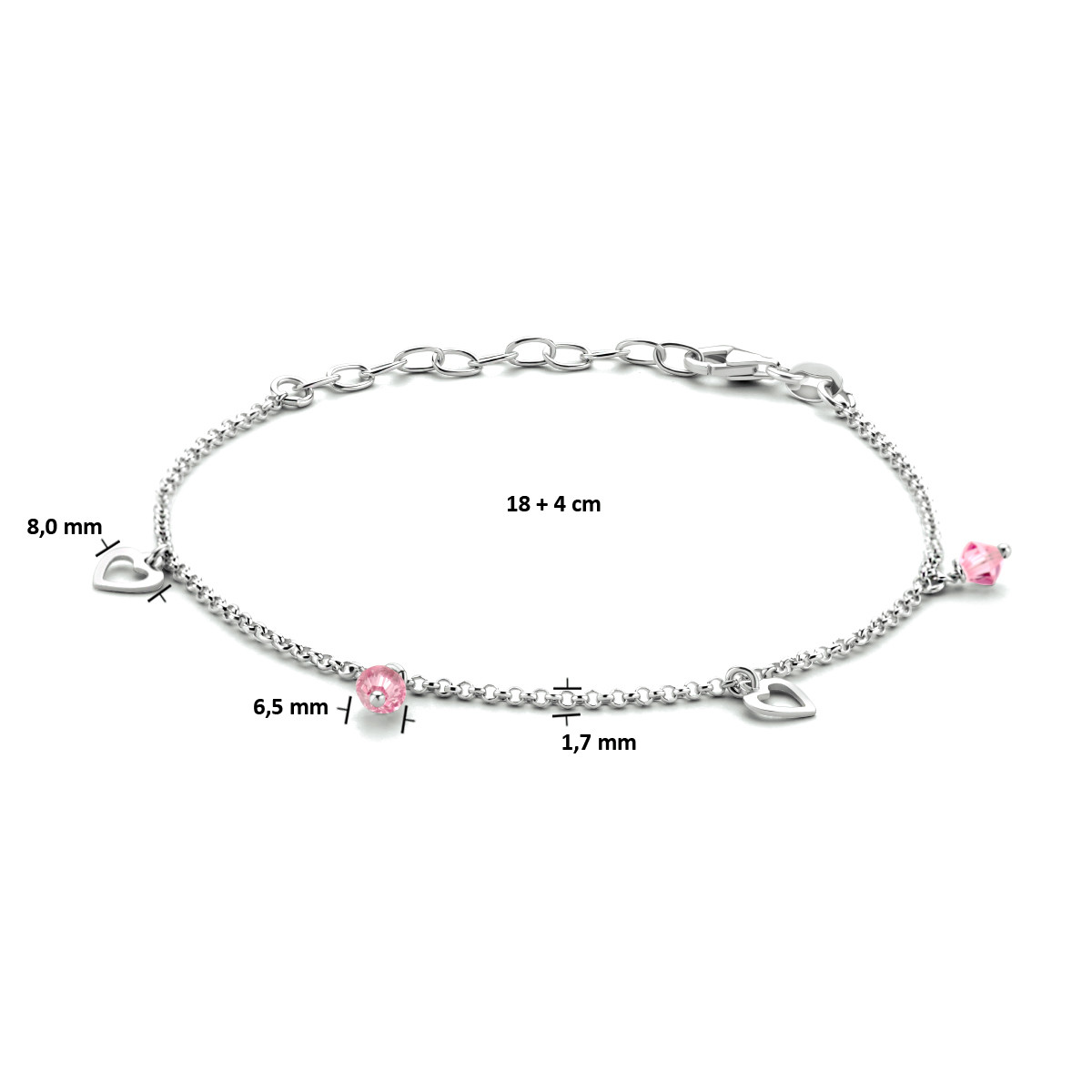Zilveren enkelbandje met hartjes en roze steentjes - Lengte 18 + 4 cm