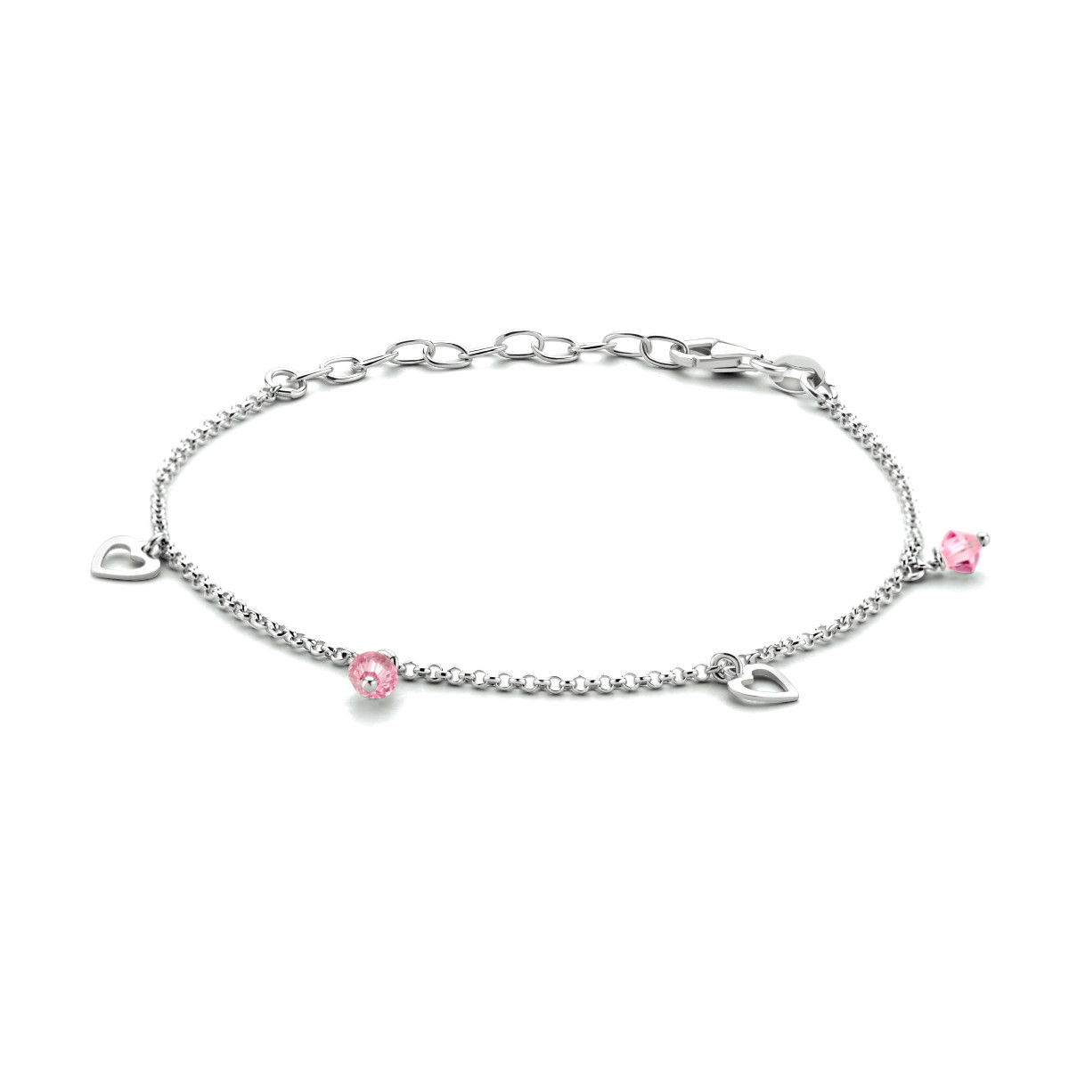 Zilveren enkelbandje met hartjes en roze steentjes - Lengte 18 + 4 cm