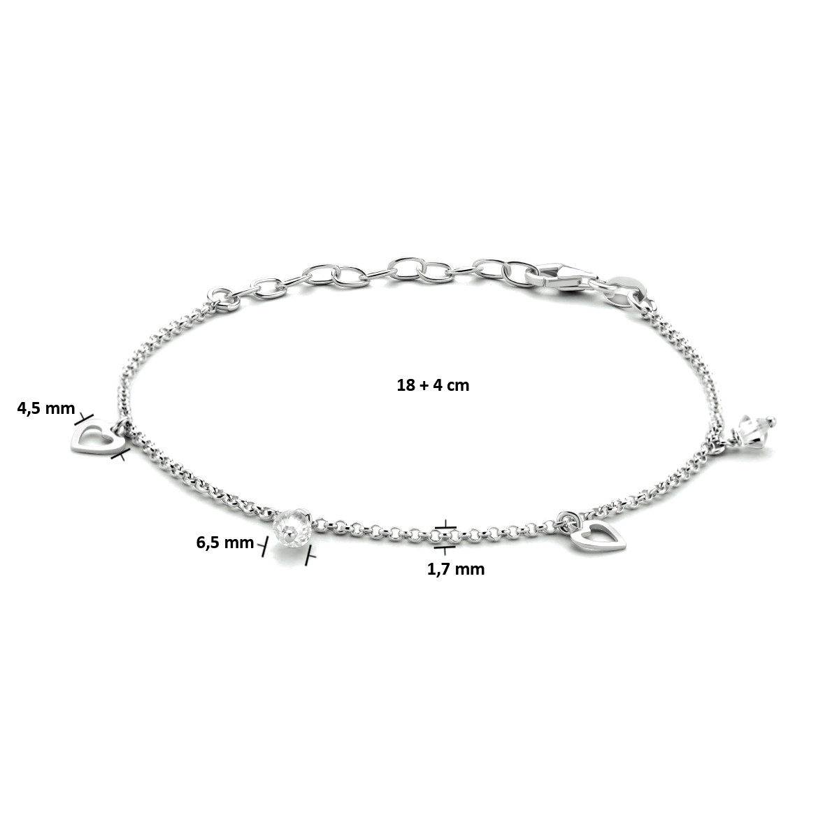 Zilveren enkelbandje met hartjes en steentjes - Lengte 18 + 4 cm