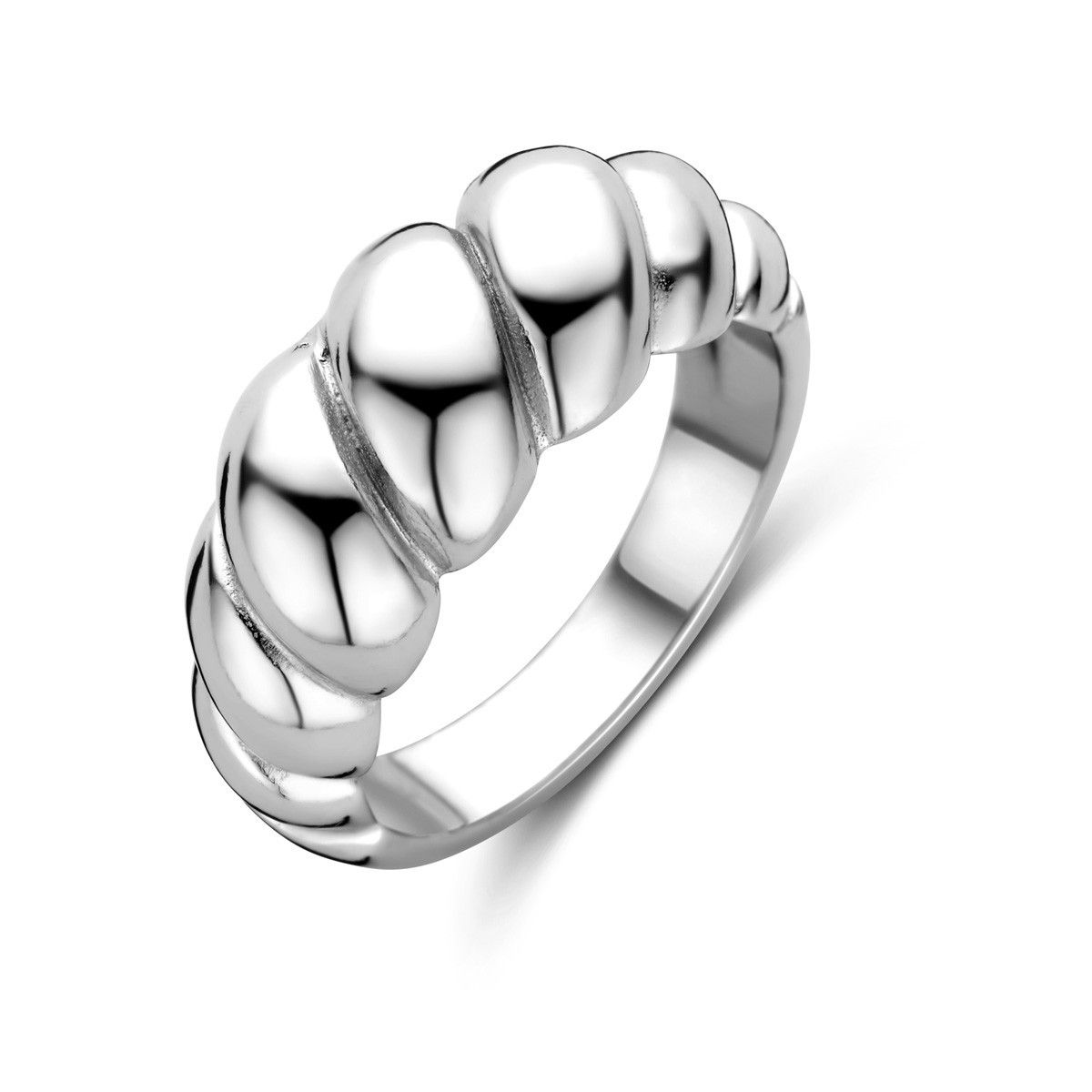 Zilveren gedraaide croissant ring gerhodineerd