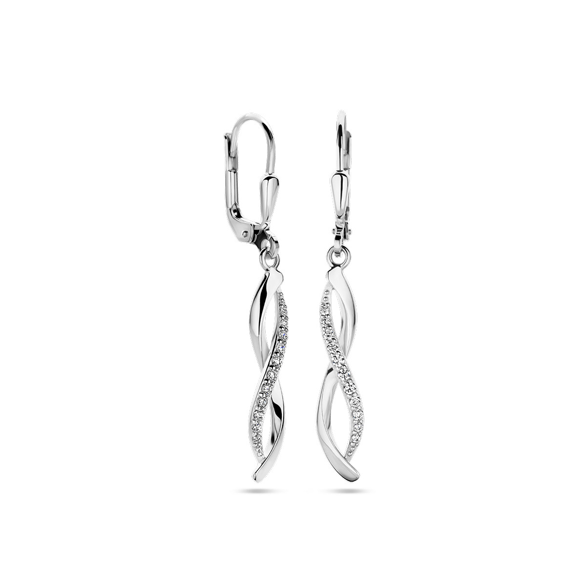 Zilveren gedraaide oorhangers met zirkonia en brisurhaak - 5 mm x 37 mm