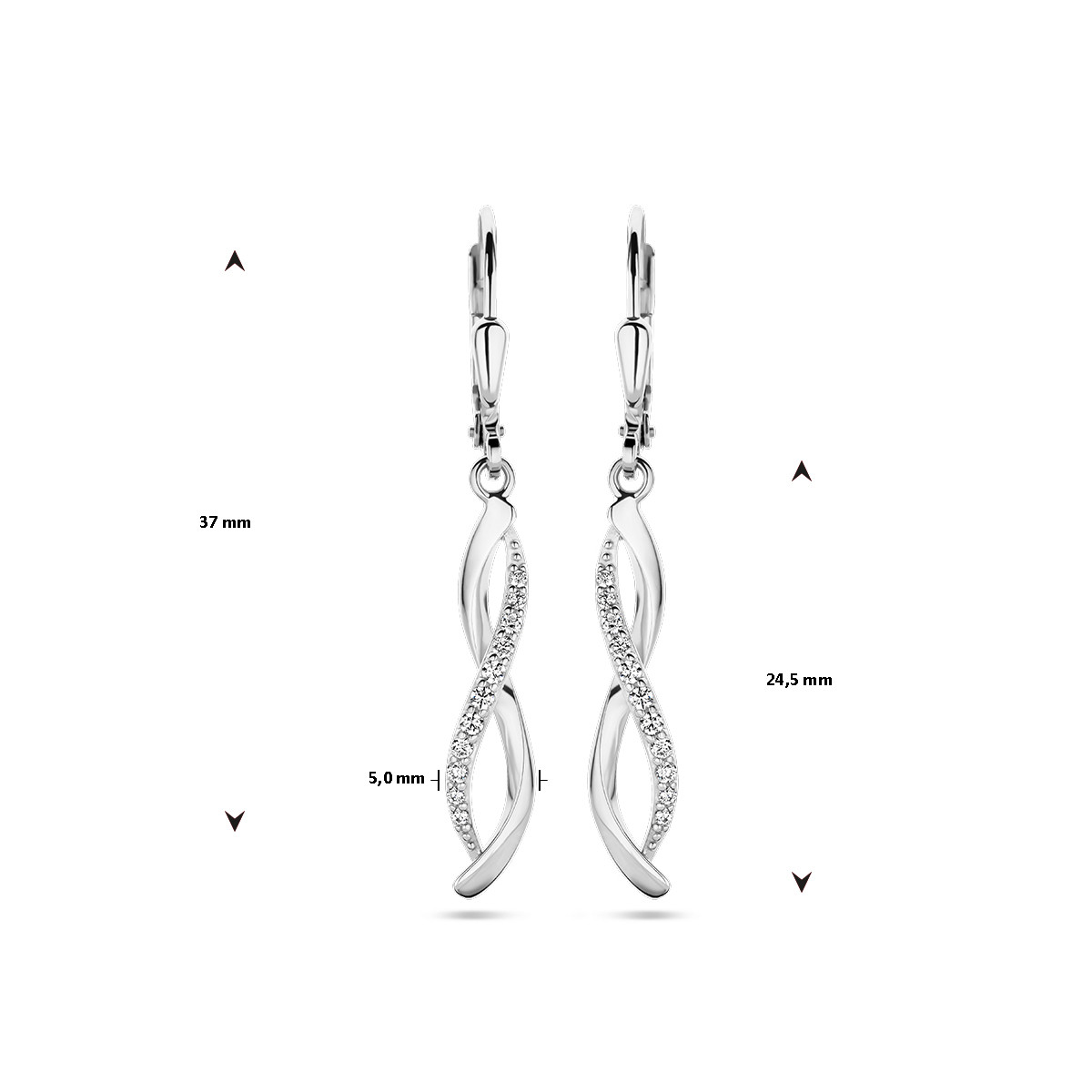 Zilveren gedraaide oorhangers met zirkonia en brisurhaak - 5 mm x 37 mm