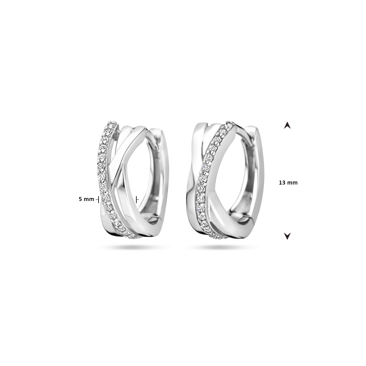 Zilveren gekruiste klapoorringen glad en met een rij zirkonia's - Diameter 13 mm