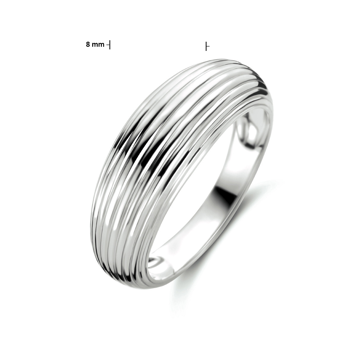 Zilveren gerhodineerde ring met geribbeld patroon glanzend 8 mm breed