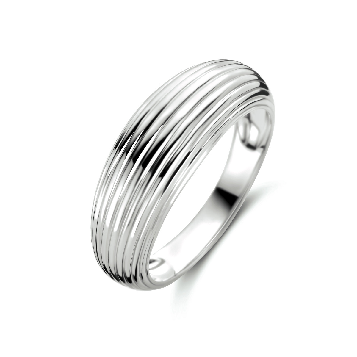 Zilveren gerhodineerde ring met geribbeld patroon glanzend 8 mm breed