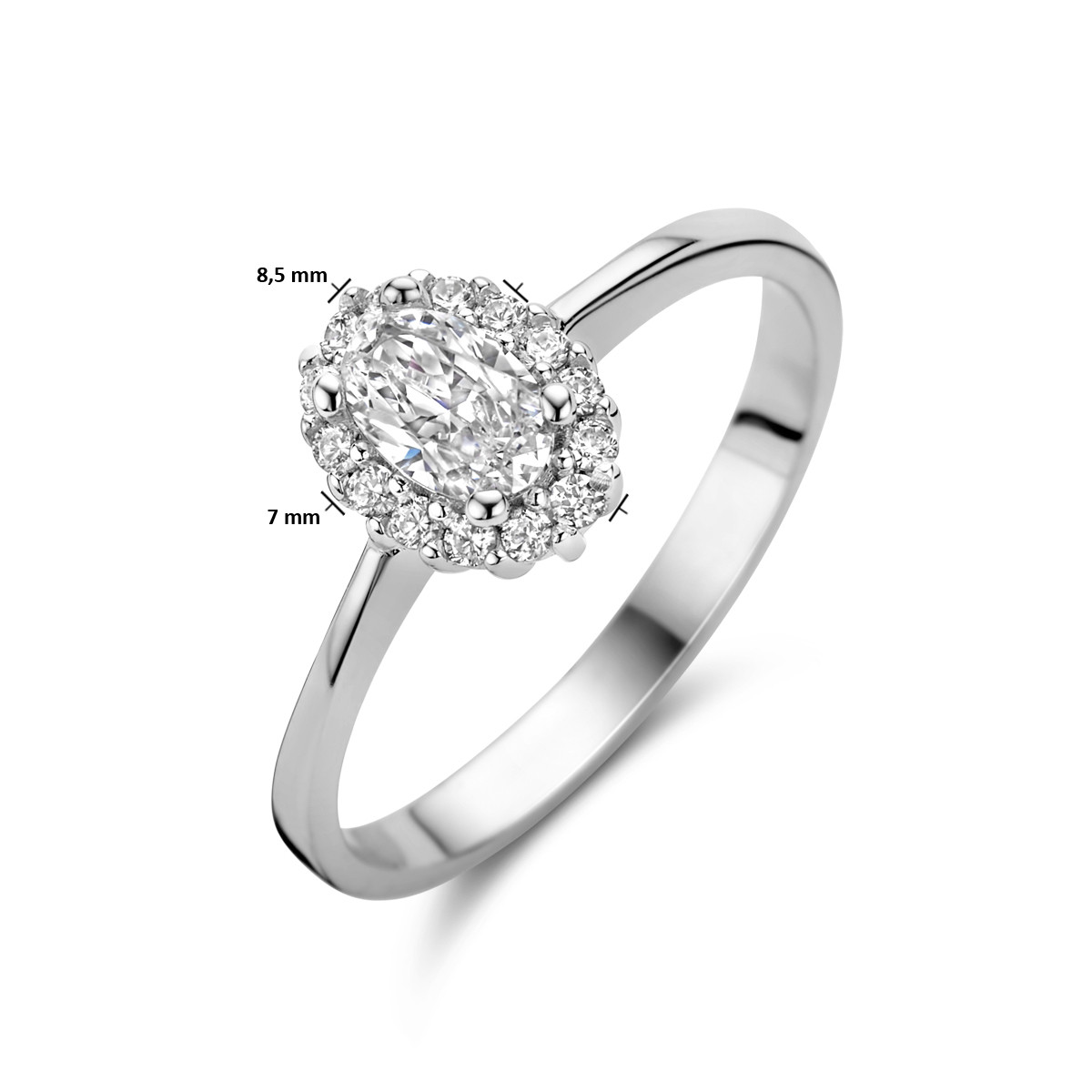 Zilveren gerhodineerde ring met ovale zirkonia entourage setting 8.5 mm breed