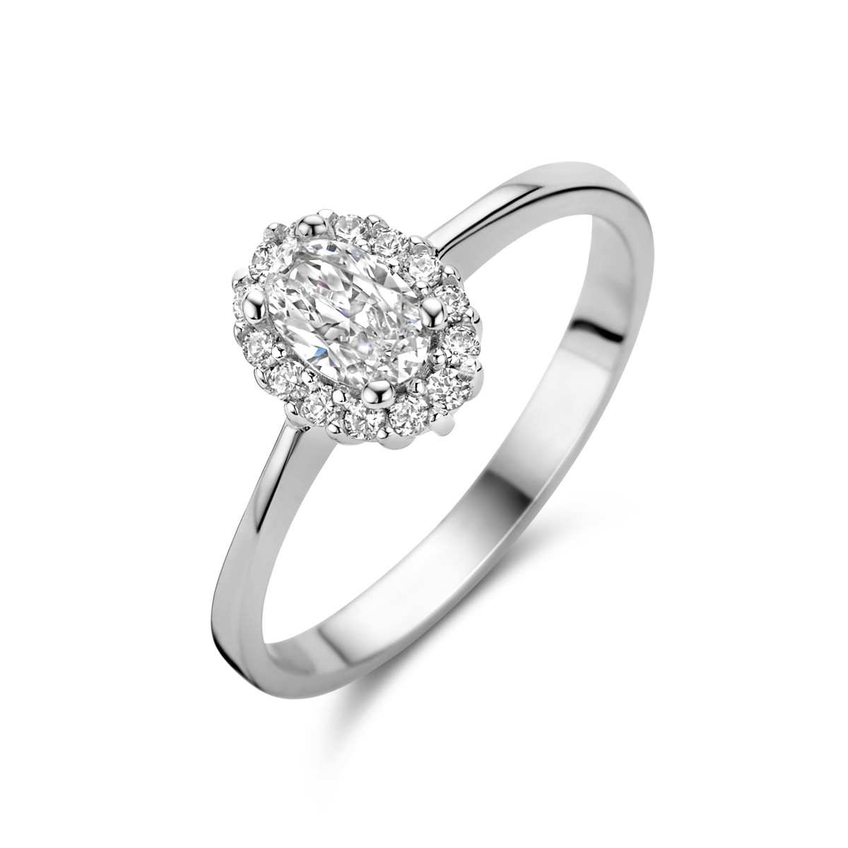 Zilveren gerhodineerde ring met ovale zirkonia entourage setting 8.5 mm breed