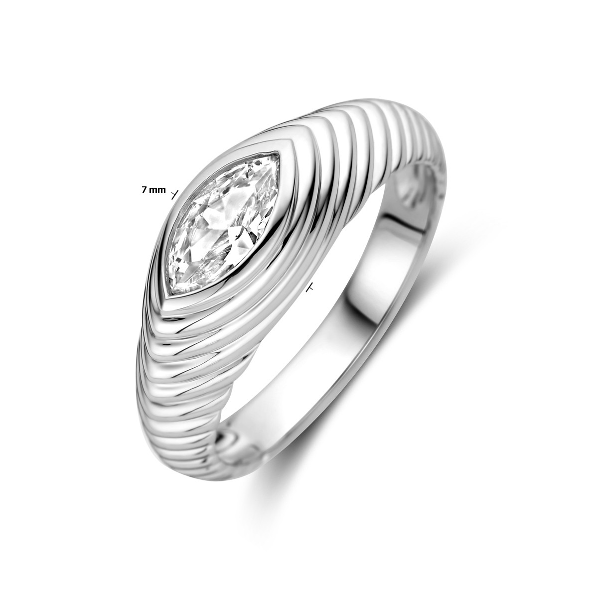 Zilveren geribbelde ring met marquise geslepen zirkonia transparant 7 mm breed