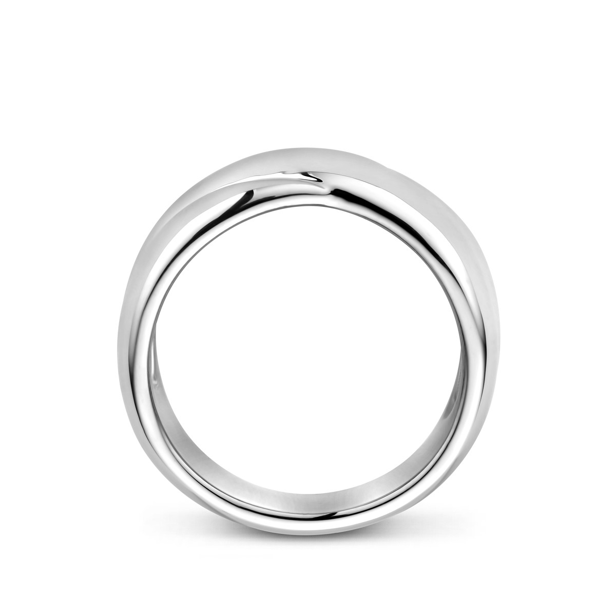 Zilveren glanzende crossover damesring zonder steen gerhodineerd 9.5 mm breed