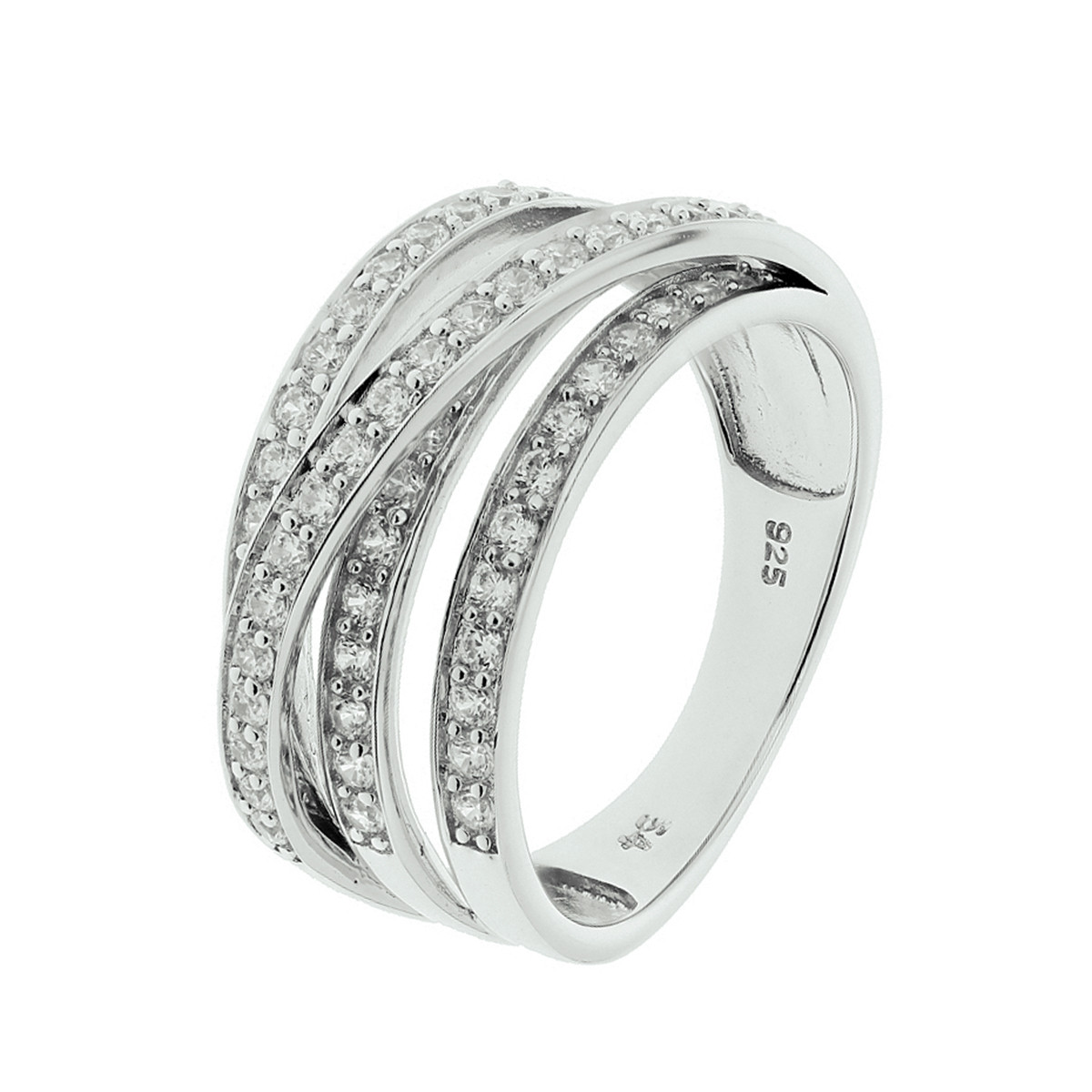Zilveren glanzende crossover ring met 3 zirkonia banen 8.5 mm breed