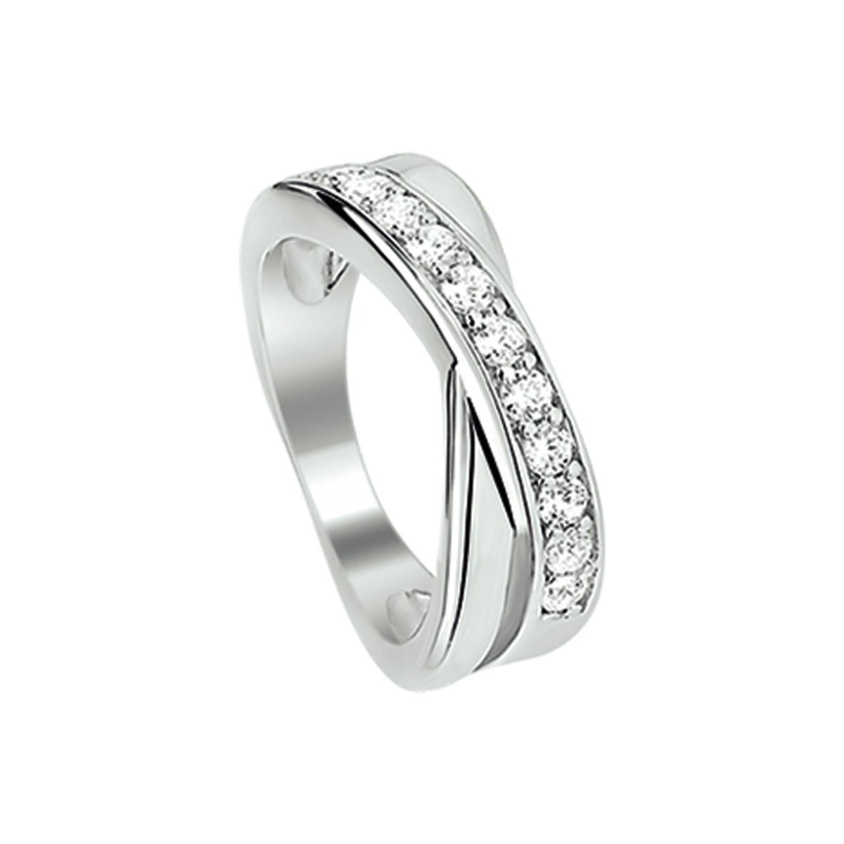 Zilveren glanzende crossover ring met pavé gezette zirkonia's 6.5 mm breed