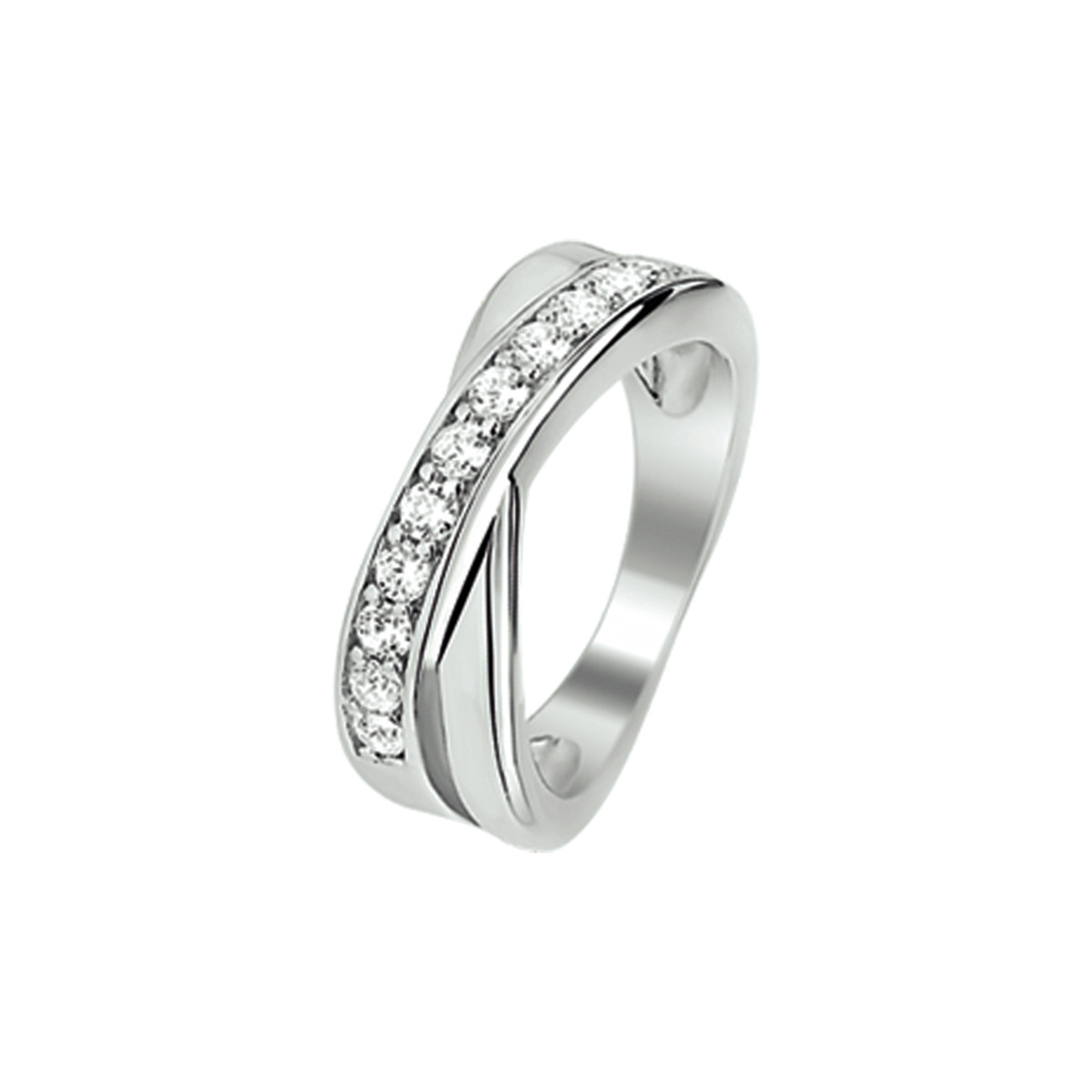 Zilveren glanzende crossover ring met pavé gezette zirkonia's 6.5 mm breed