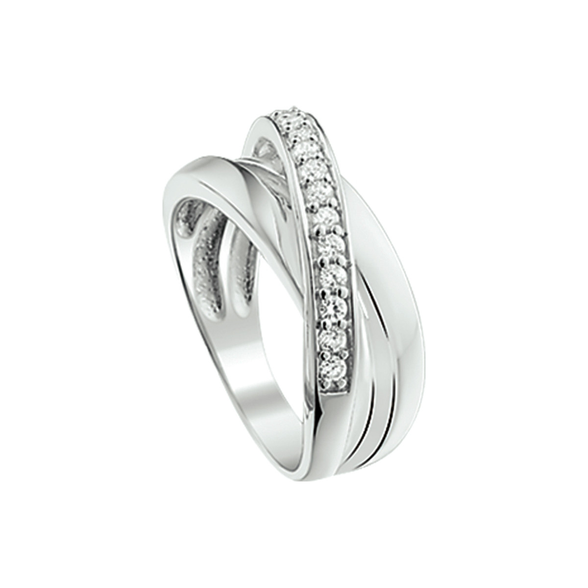 Zilveren glanzende crossover ring met transparante zirkonia's 9 mm breed