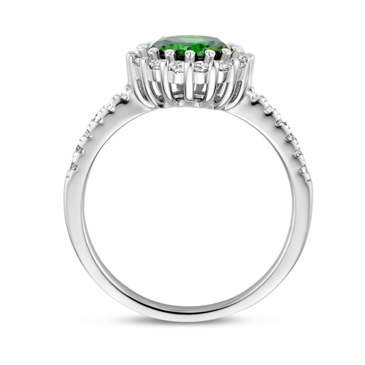 Zilveren glanzende halo ring met groene en transparante zirkonia 10 mm breed