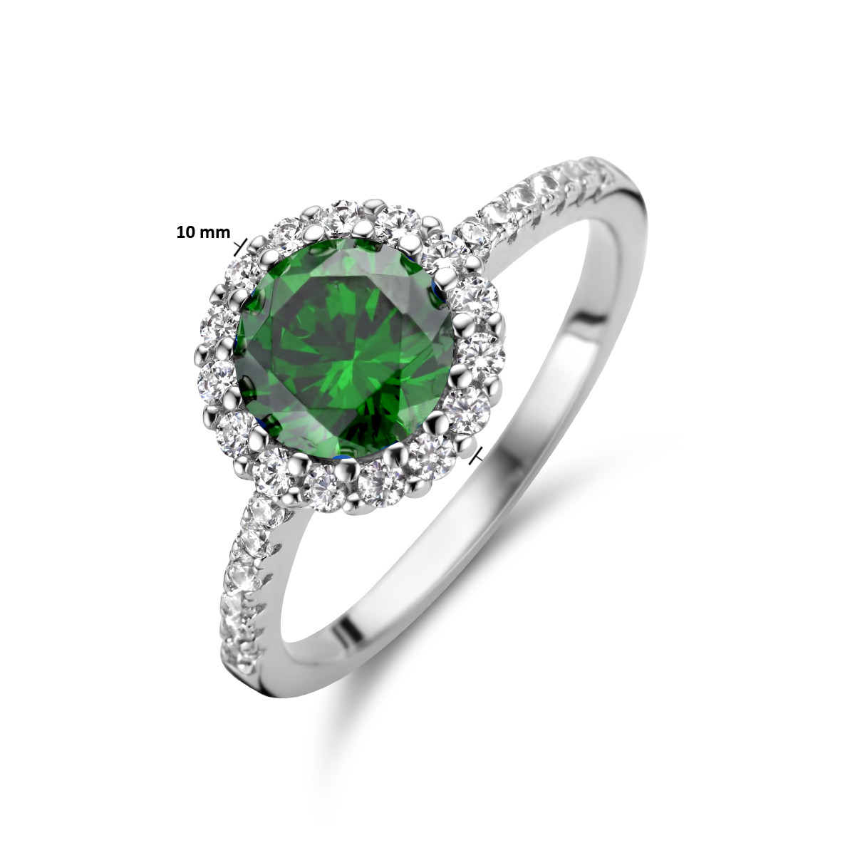 Zilveren glanzende halo ring met groene en transparante zirkonia 10 mm breed