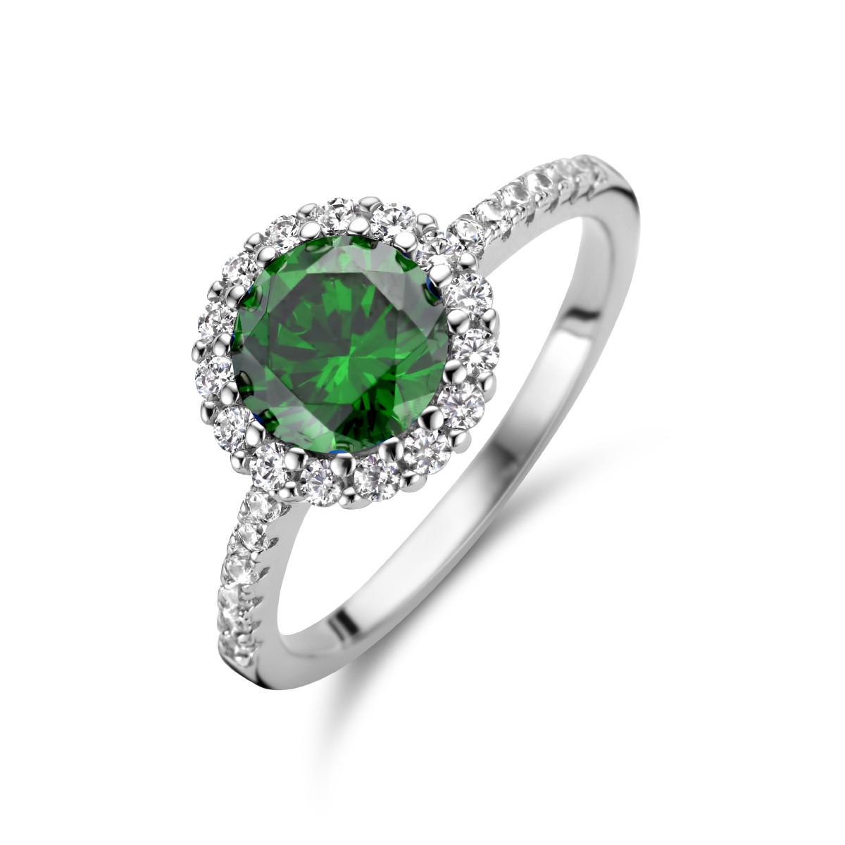 Zilveren glanzende halo ring met groene en transparante zirkonia 10 mm breed