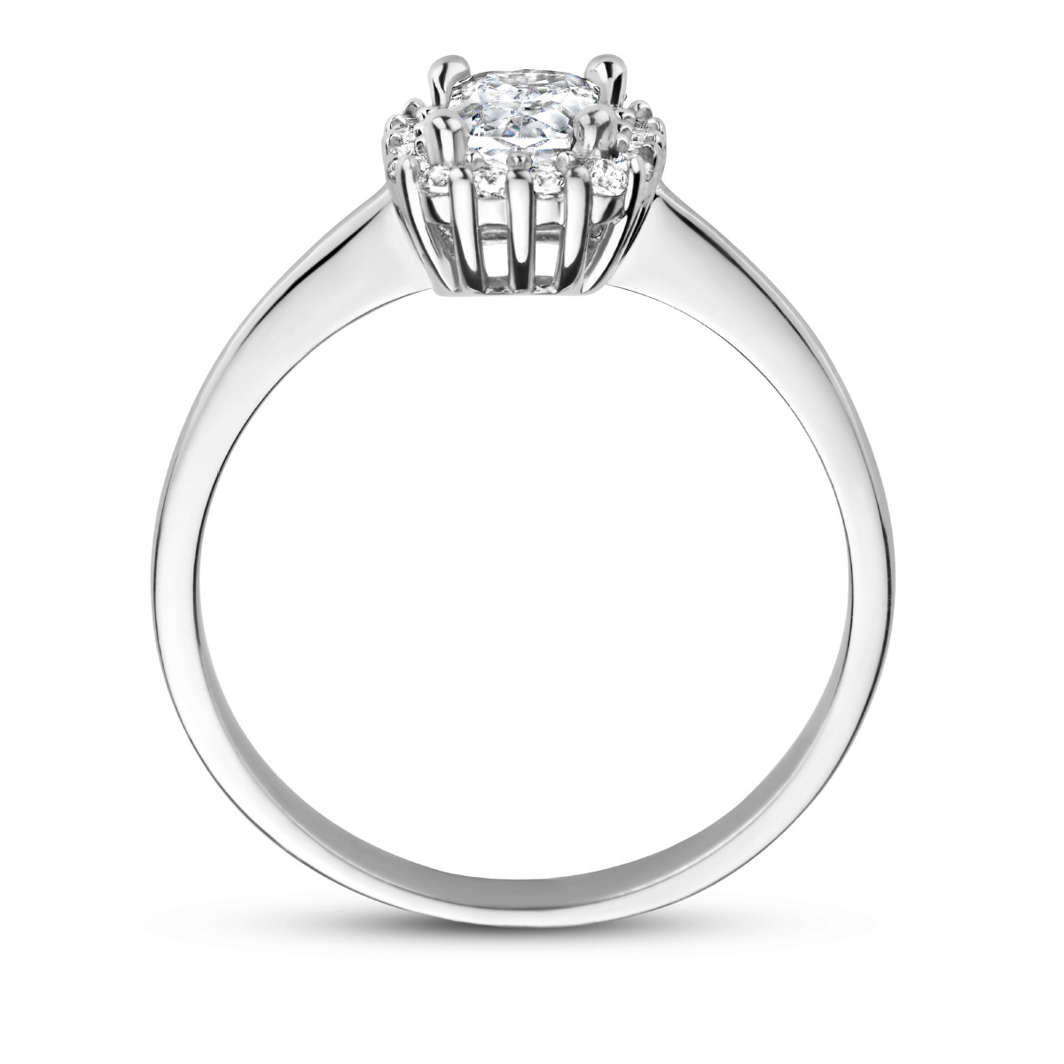Zilveren glanzende halo ring met transparante rechthoekige zirkonia 7.5 mm breed