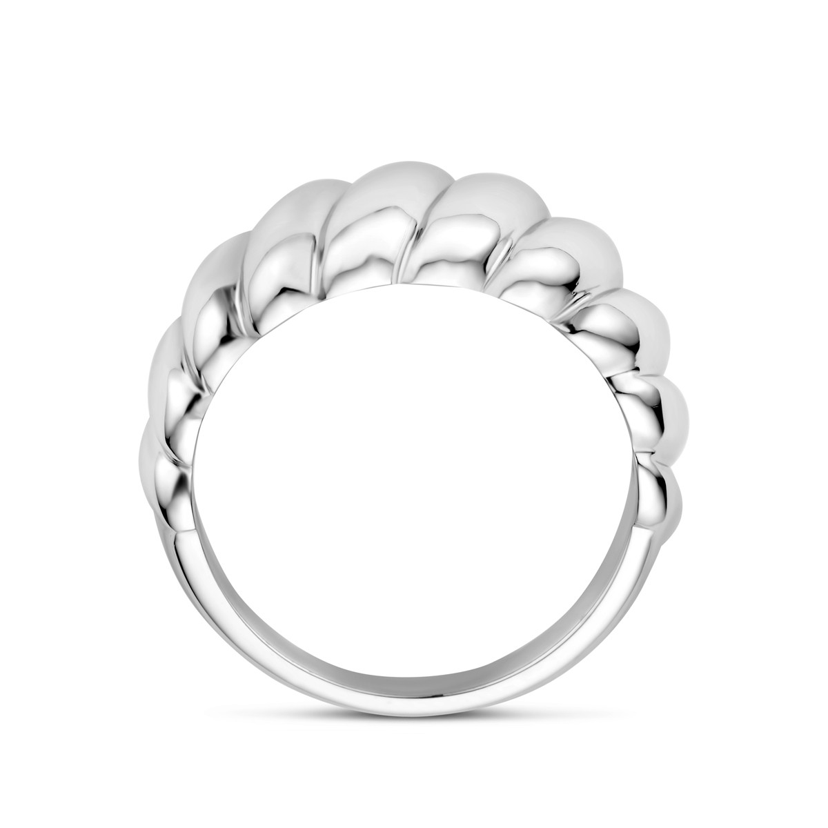 Zilveren glanzende ring met bol en geribbeld patroon 10 mm breed