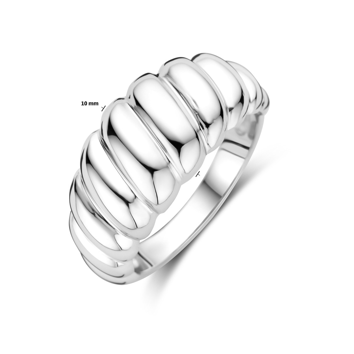 Zilveren glanzende ring met bol en geribbeld patroon 10 mm breed