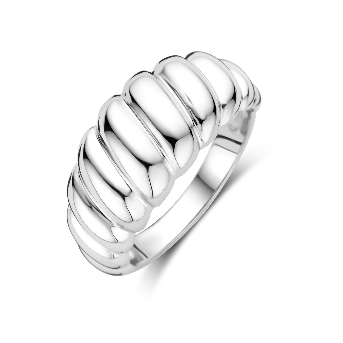 Zilveren glanzende ring met bol en geribbeld patroon 10 mm breed