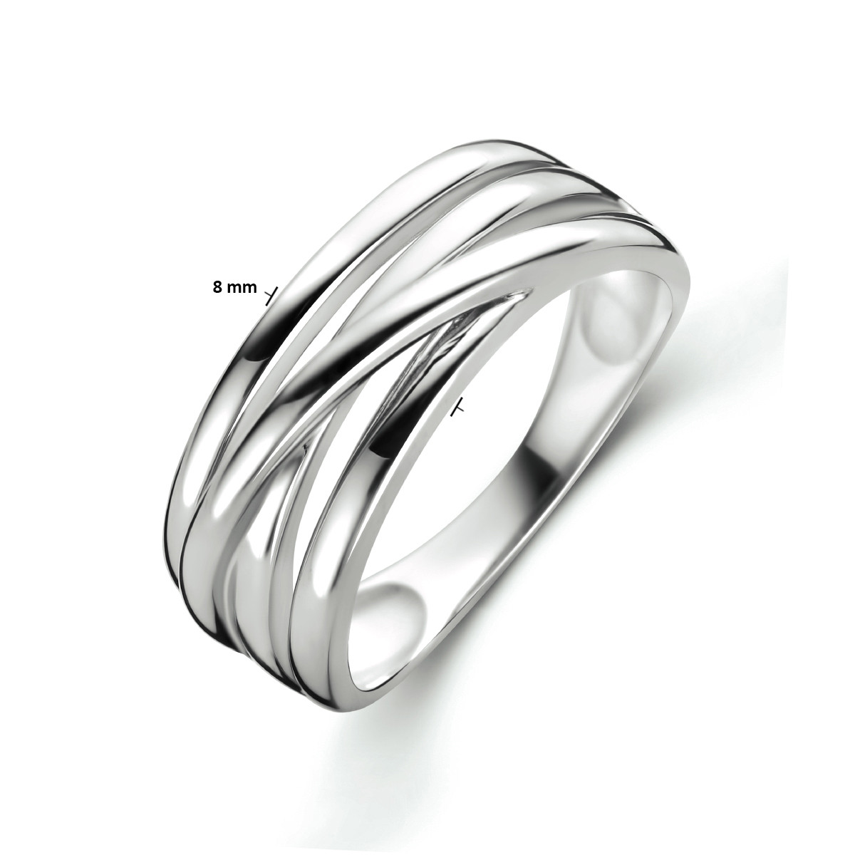 Zilveren glanzende ring met golvend crossover design 8 mm breed