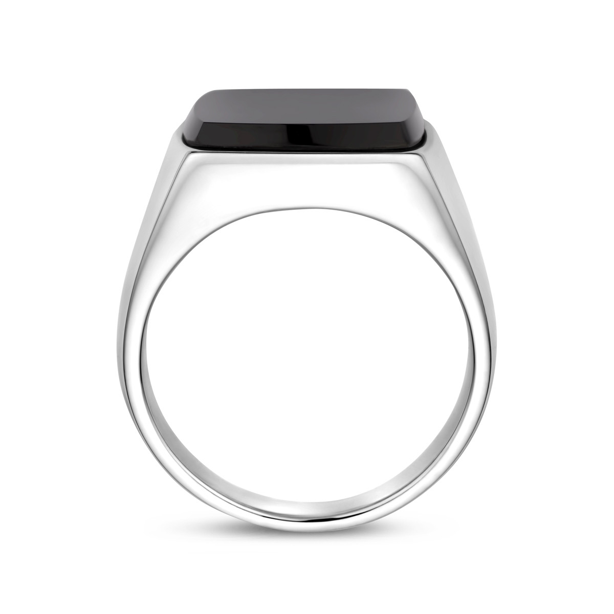 Zilveren glanzende zegelring met vierkante onyx steen 16 mm breed