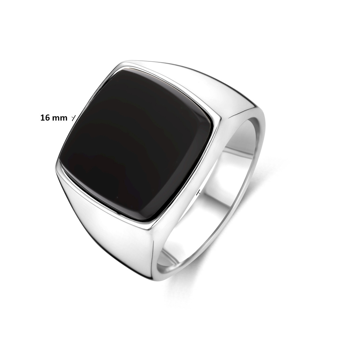 Zilveren glanzende zegelring met vierkante onyx steen 16 mm breed