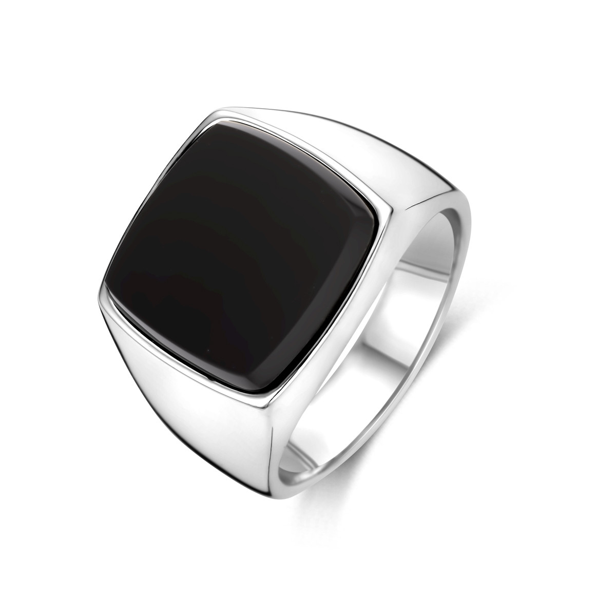 Zilveren glanzende zegelring met vierkante onyx steen 16 mm breed