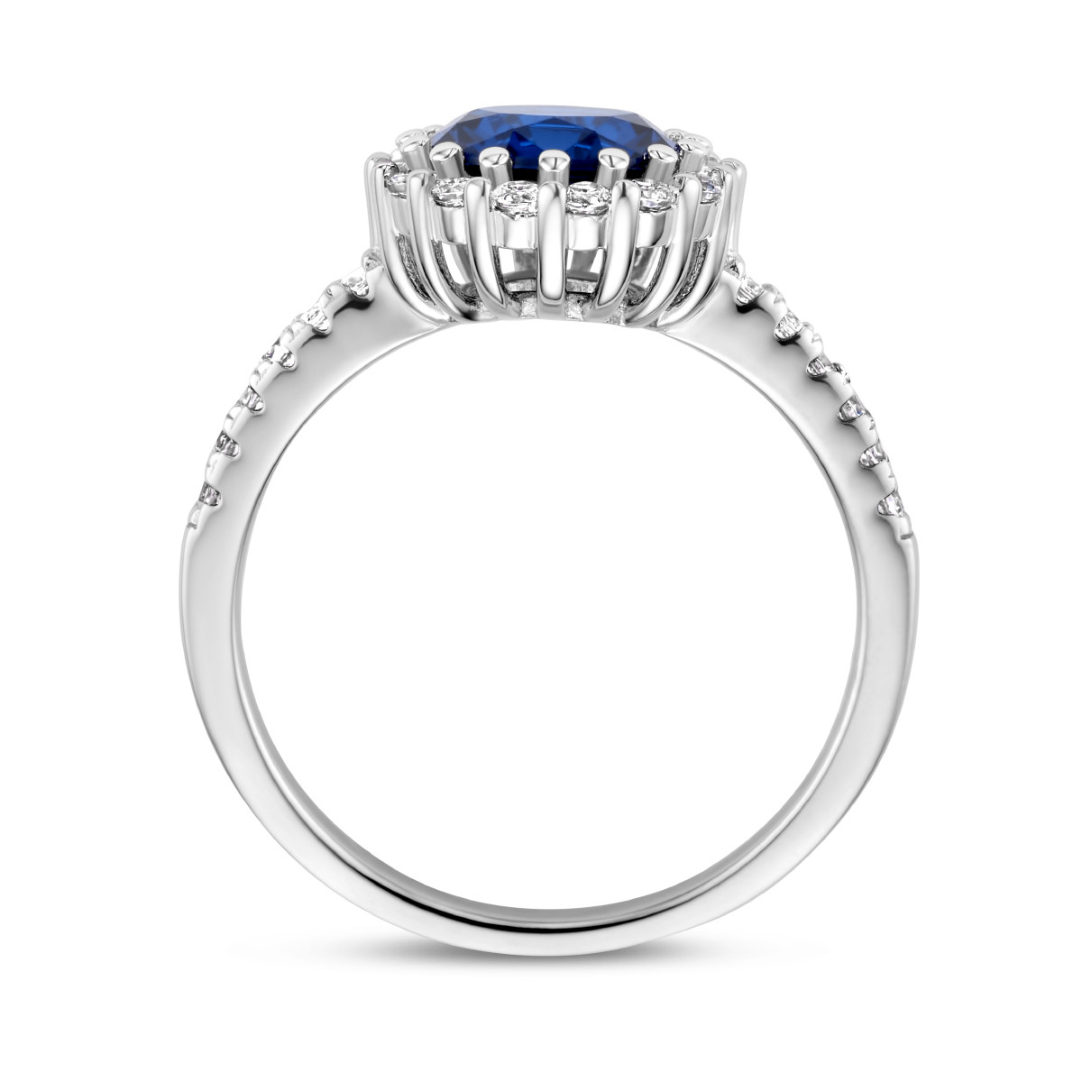 Zilveren halo ring met blauwe en transparante zirkonia's 10 mm breed