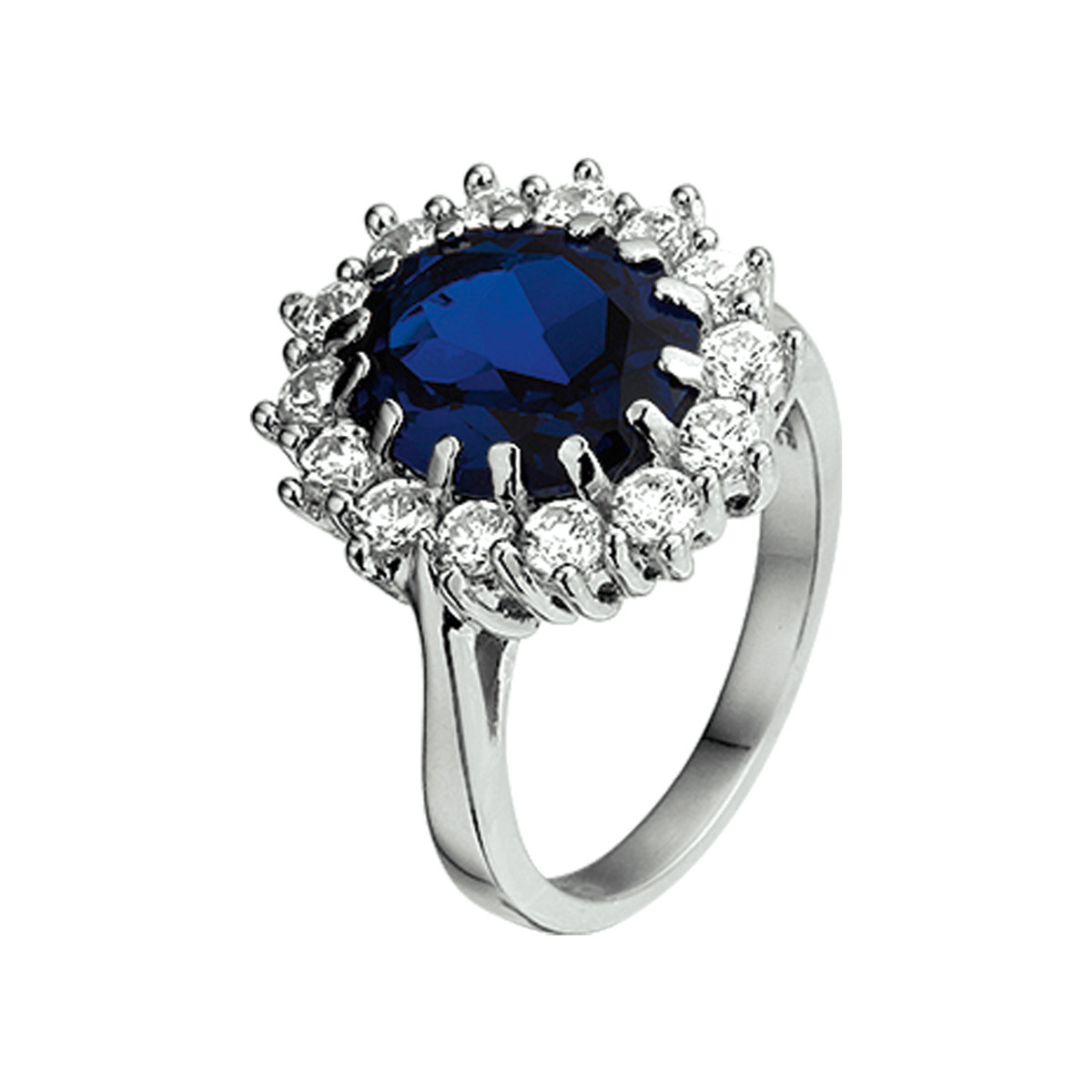 Zilveren halo ring met blauwe ovale synthetische saffier en zirkonia 15 mm breed