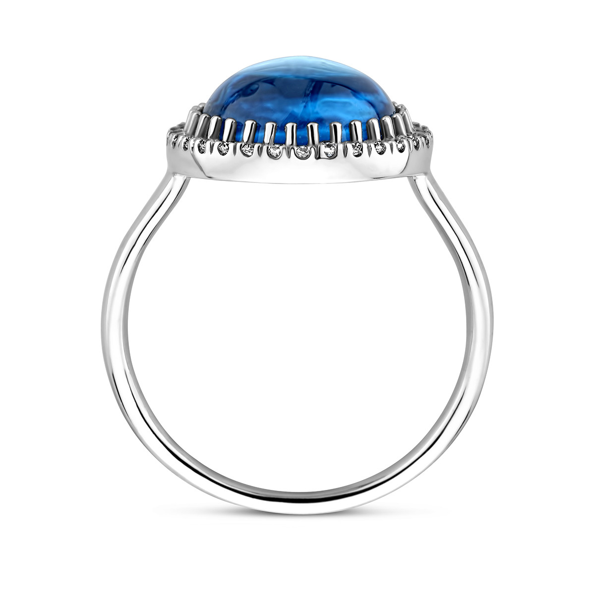Zilveren halo ring met blauwe topaas en zirkonia's glanzend 13 mm breed