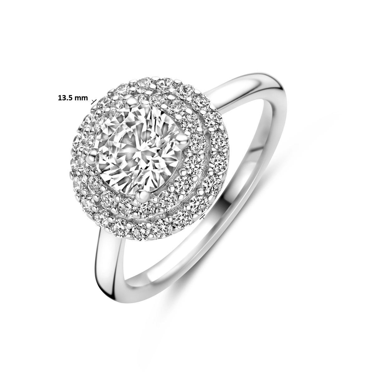 Zilveren halo ring met briljant geslepen transparante zirkonia's 13.5 mm breed