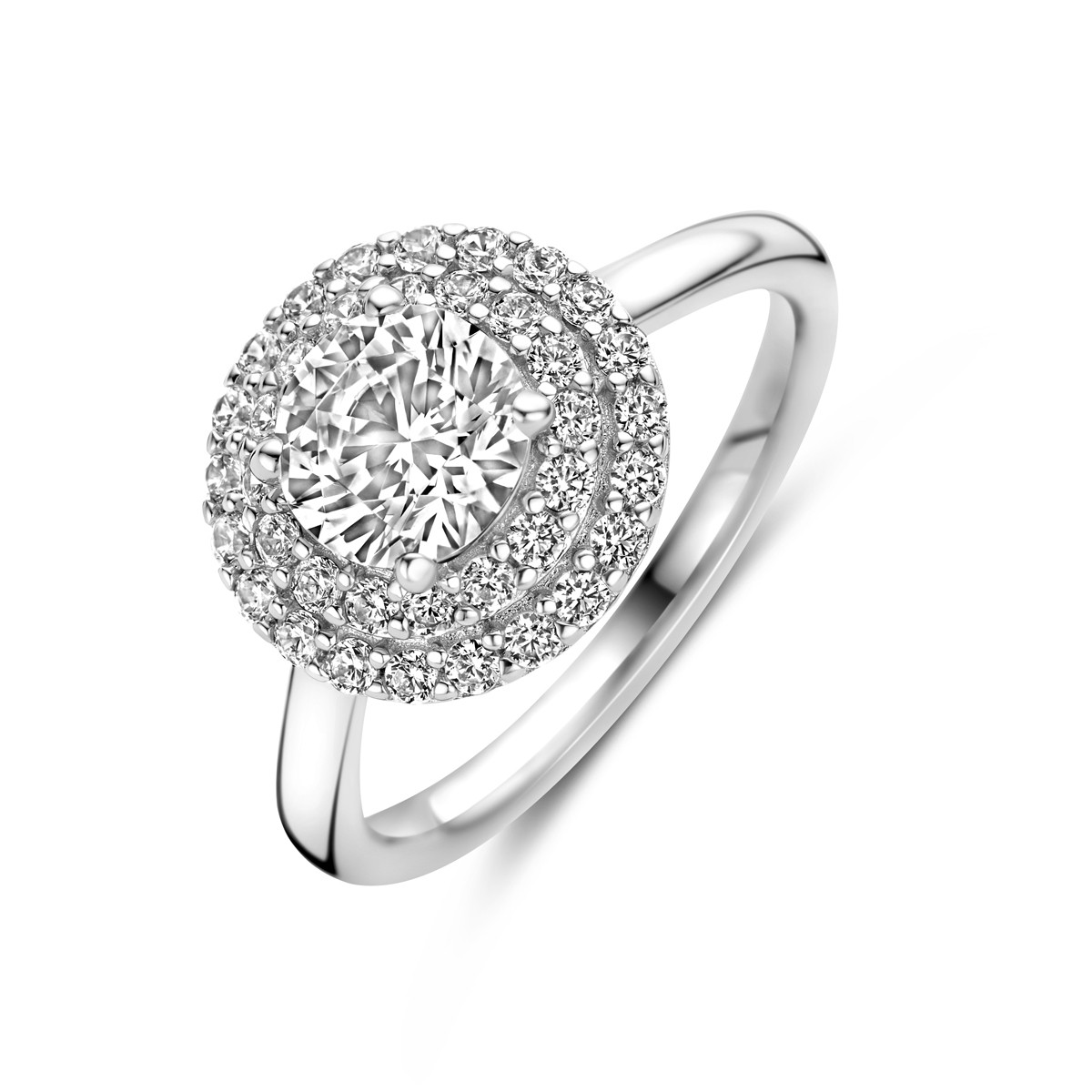 Zilveren halo ring met briljant geslepen transparante zirkonia's 13.5 mm breed