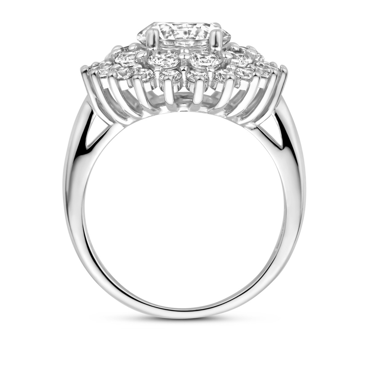 Zilveren halo ring met briljant geslepen zirkonia steen 17.5 mm breed