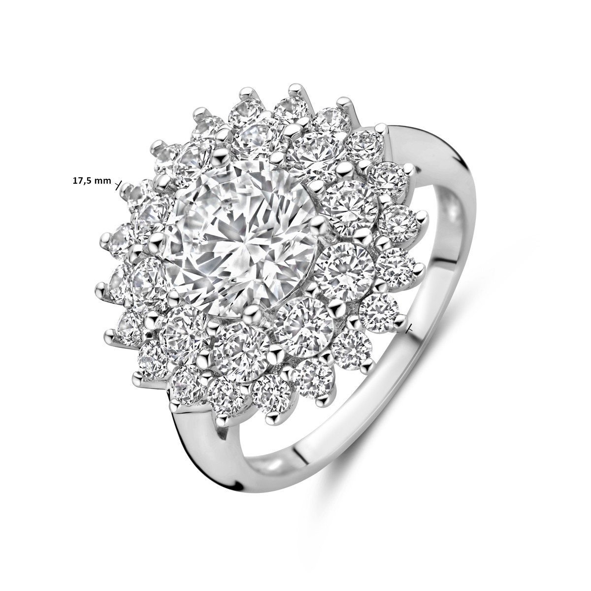 Zilveren halo ring met briljant geslepen zirkonia steen 17.5 mm breed