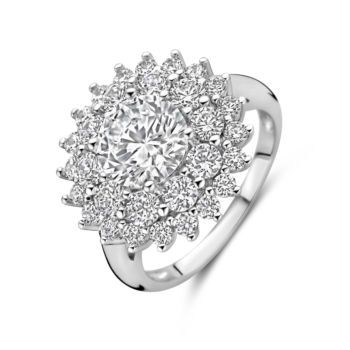 Zilveren halo ring met briljant geslepen zirkonia steen 17.5 mm breed