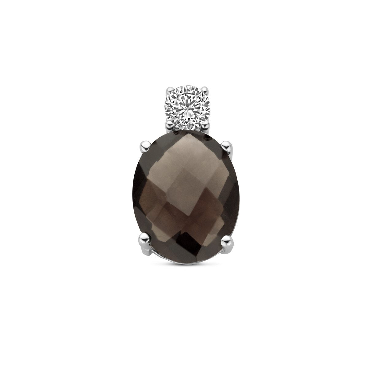 Zilveren hanger met bruine rookkwarts en transparante zirkonia 8 mm breed - Hoogte 13 mm