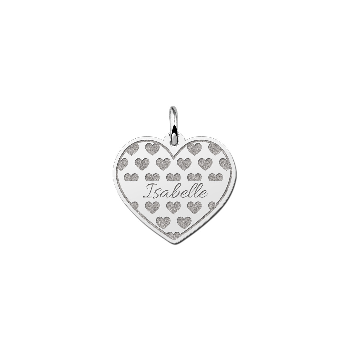Zilveren hart hanger met hartjes patroon en naam