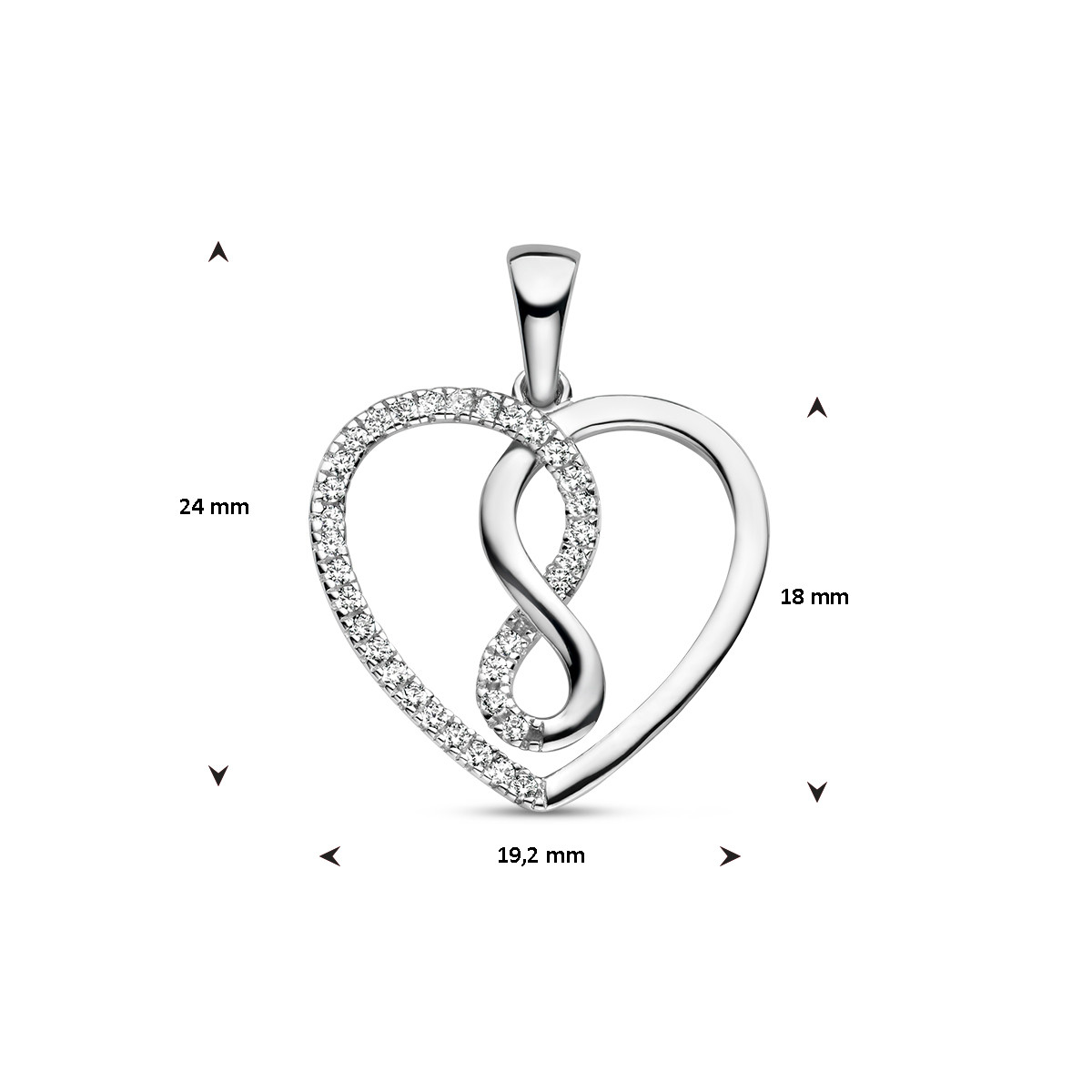 Zilveren hartjes hanger met infinityteken en zirkonia's - 19 mm x 24 mm