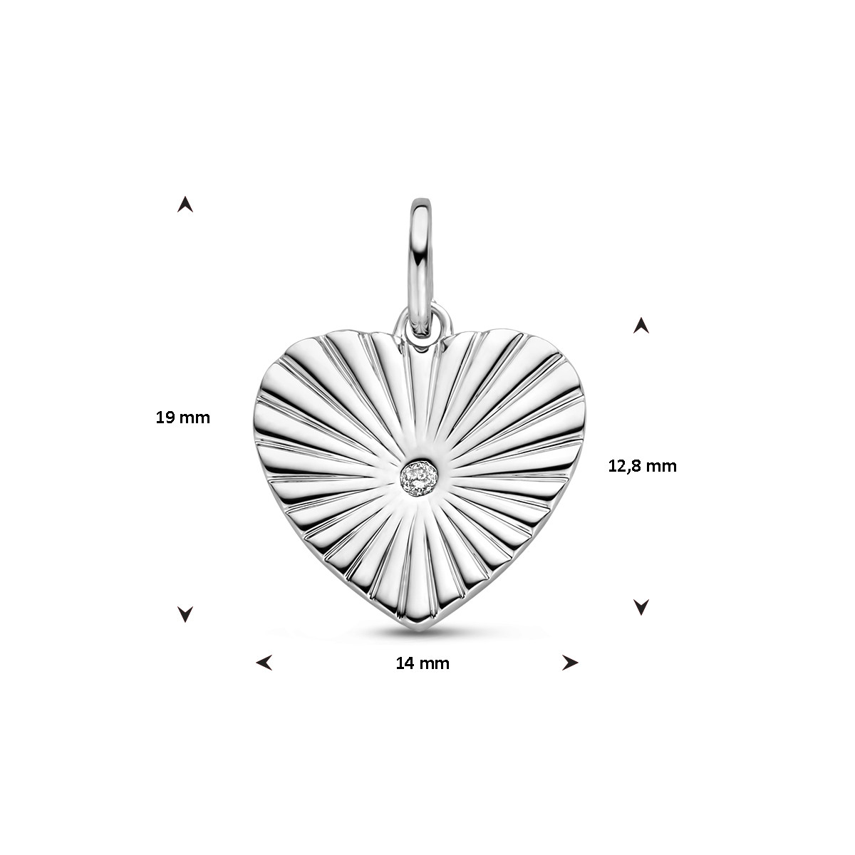 Zilver hartjes hanger met strepen en diamant in het midden - 14 mm x 19 mm