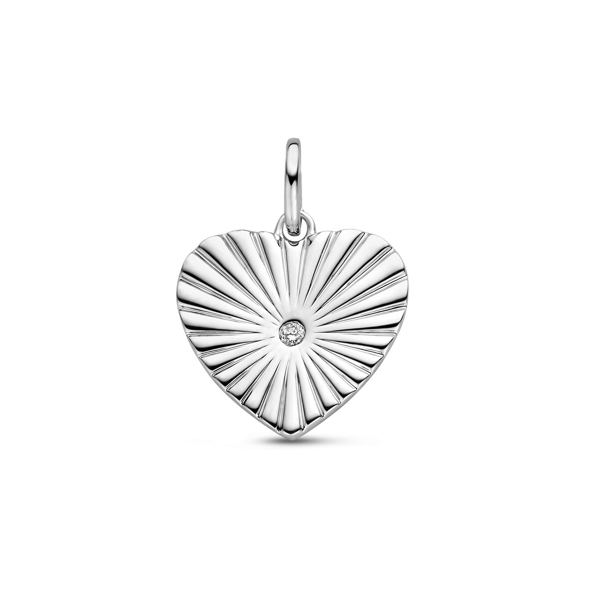 Zilver hartjes hanger met strepen en diamant in het midden - 14 mm x 19 mm