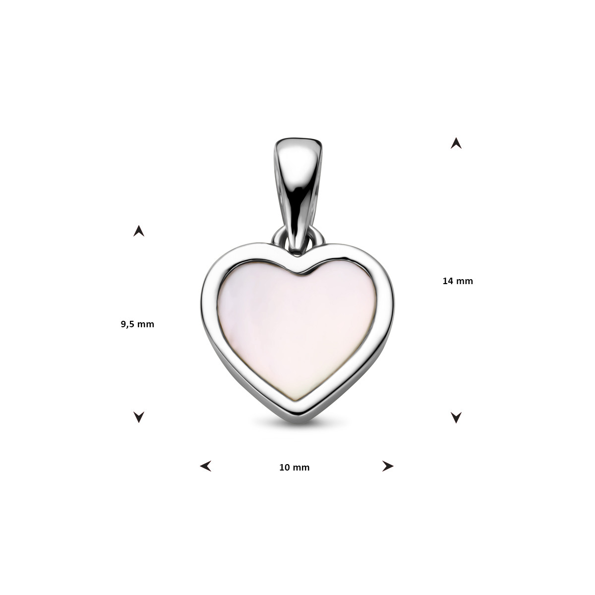Zilveren hartjes hanger met witte parelmoer - 9.5 mm x 14 mm