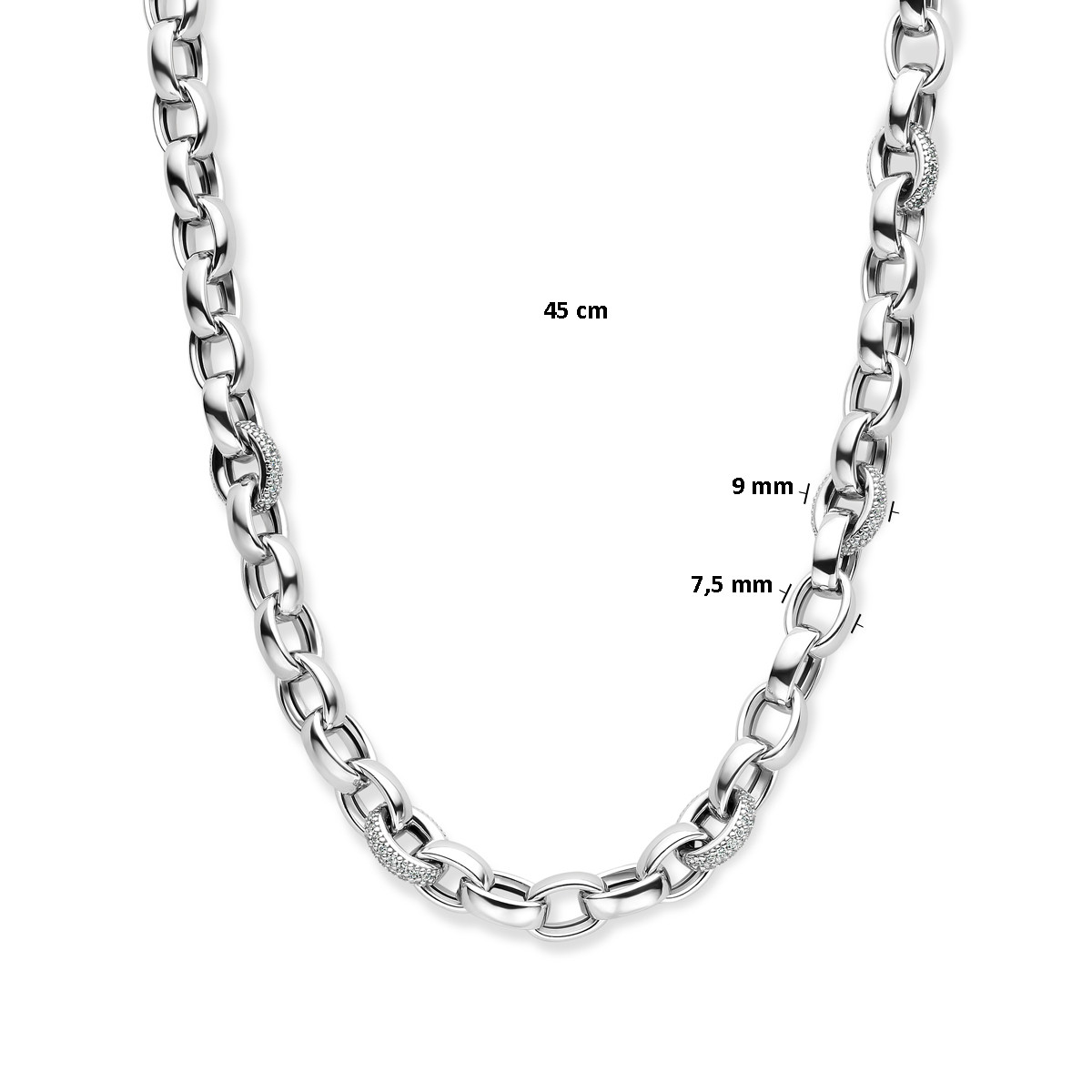 Zilveren jasseron schakelketting met zirkonia van 7.5 mm en 9 mm breed - Lengte 45 cm
